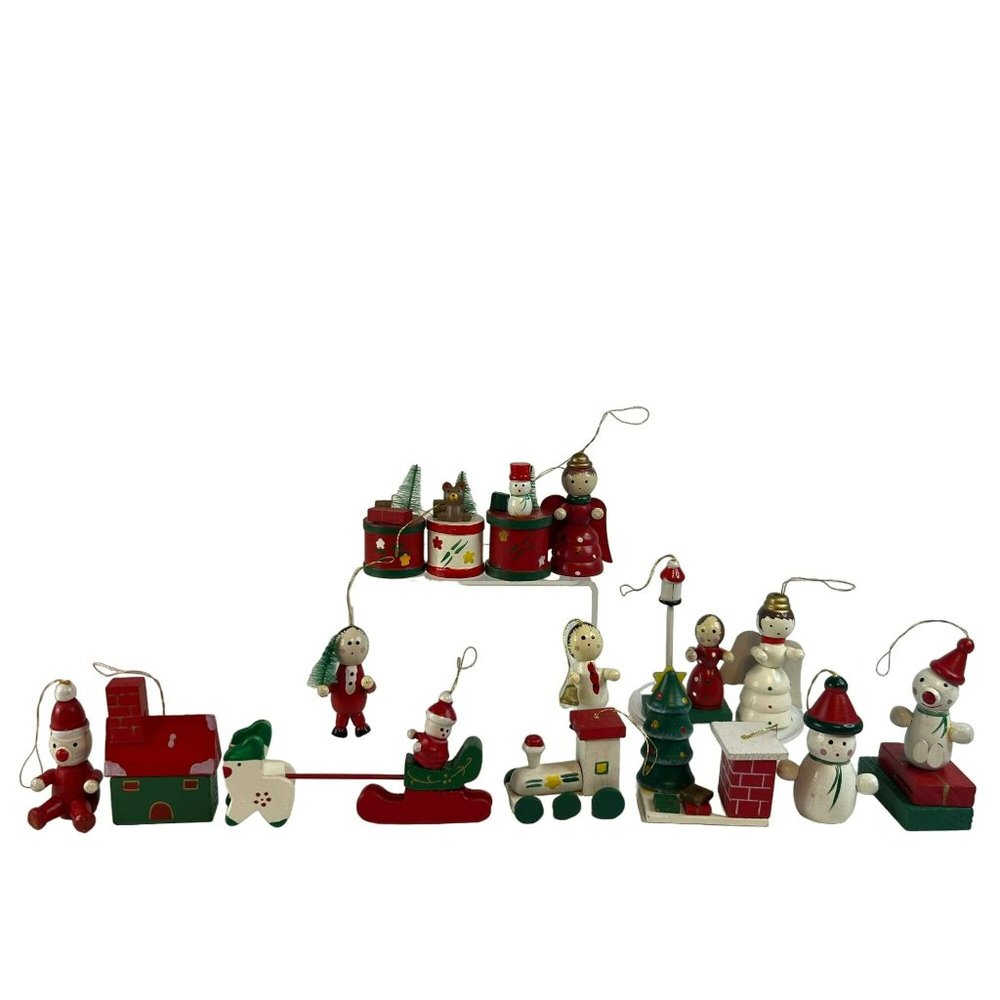 Vintage Hand Painted Wooden Soldiers Snowman Santa Christmas Ornaments Lot of 15